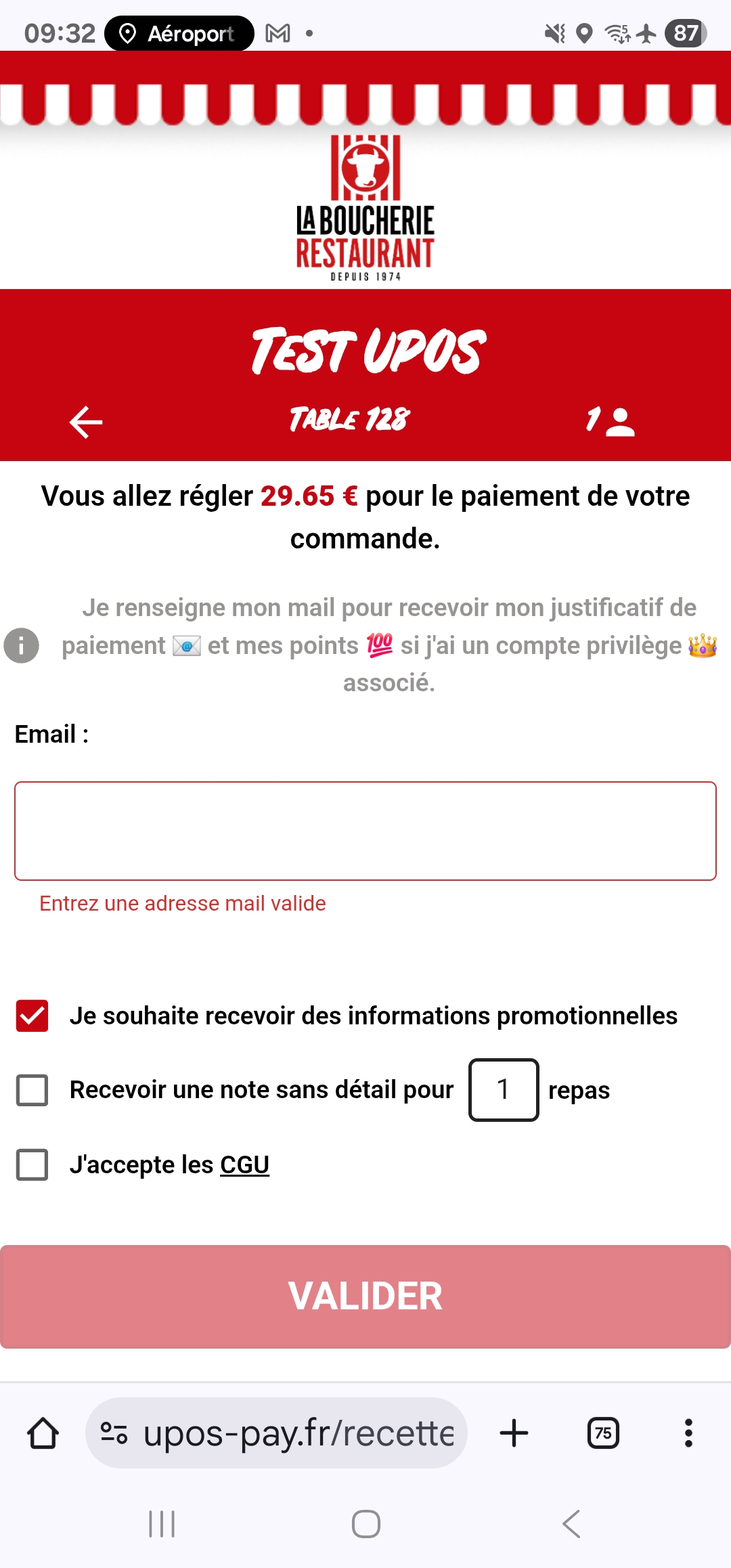 Interface de paiement UPOS avec pourboire